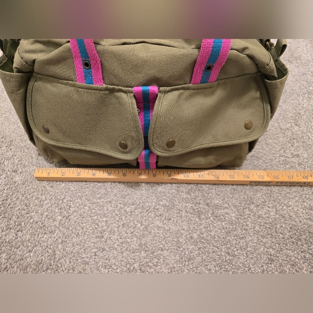 Ralph Lauren Messenger Bag Army Green Canvas Pink Stripes Travel Vacation - Picture 8 of 13